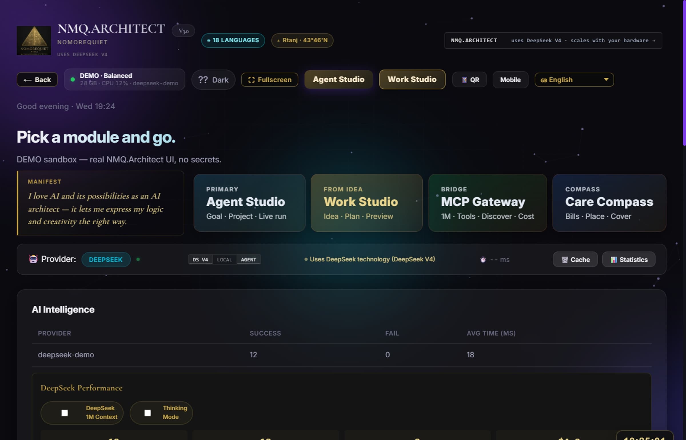NMQ.Architect dashboard — Agent Studio, Work Studio, MCP Gateway, Care Compass